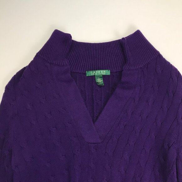 LAUREN RALPH LAUREN Purple Cotton LARGE Cable V-Mock Sweater - Picture 5 of 6